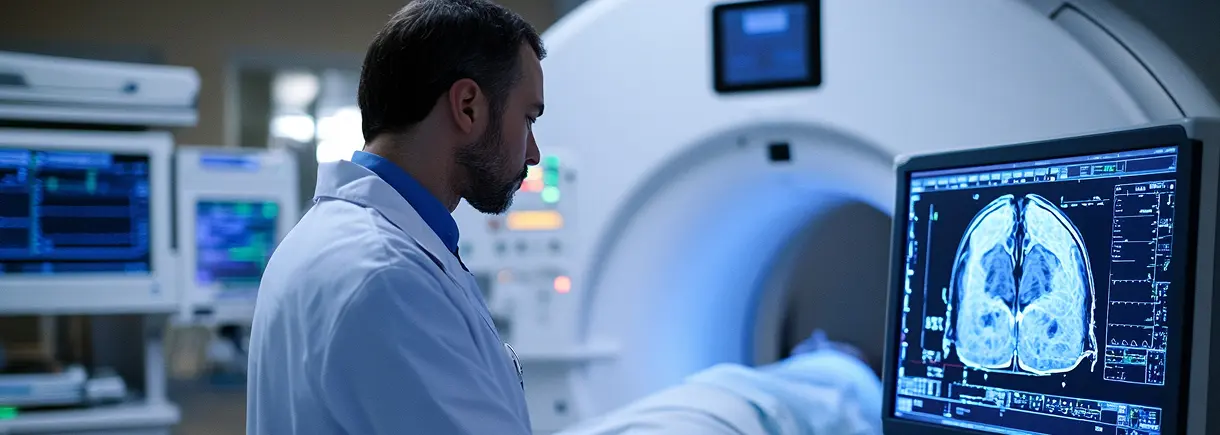 Illustrative clinician reviewing a brain scan beside an MRI scanner